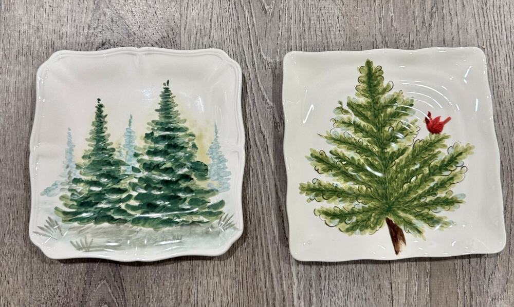 2 Maxcera Pinesville Christmas Collection Holiday Plate Countryside Scene 8.5”